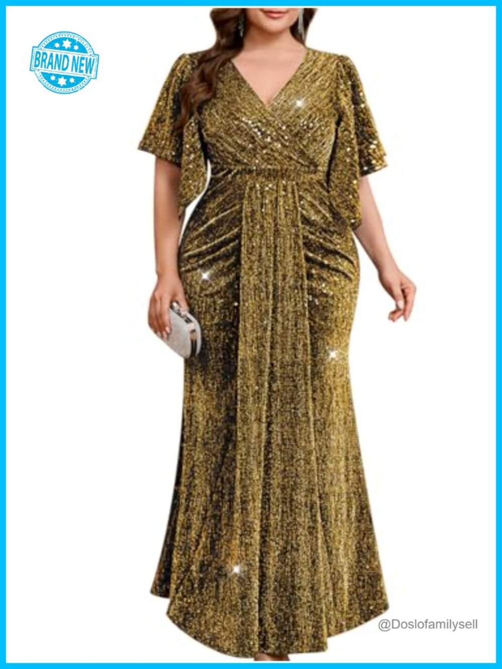 Plus Size Formal Mermaid Gown Sequin Shimmer Handkerchief Sleeve Evening Dress